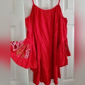 Feathers Made in India Dark Red Dress with Embroidered Bell Ruffle Sleeves